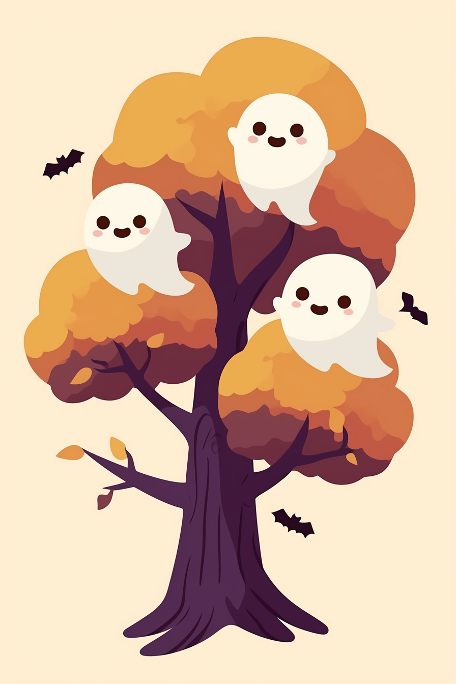 cute halloween drawings for kids, featuring a playful scene of gentle ghosts among orange autumn trees, perfect for cultivating a Halloween spirit.